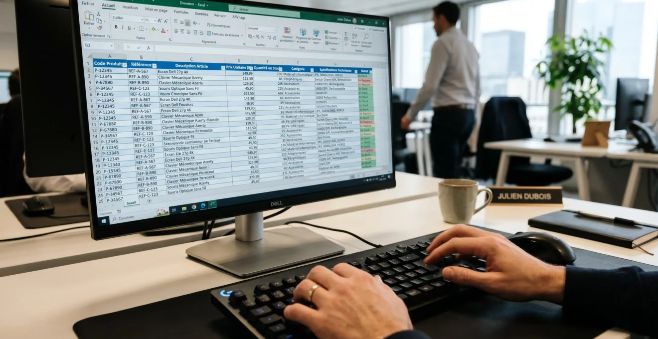 Écran d'ordinateur affichant un tableur Excel complexe avec de nombreuses colonnes de données produits en cours de saisie manuelle