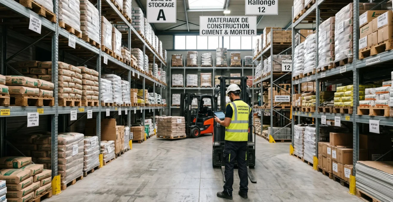 Entrepôt logistique moderne de négoce en matériaux de construction avec rayonnages industriels, palettes de matériaux et collaborateur consultant une tablette professionnelle