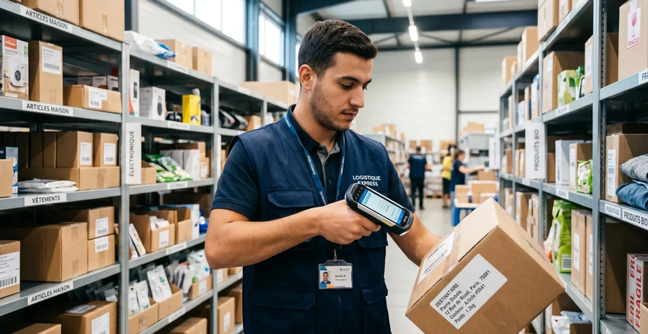 Préparateur de commandes scannant un code-barres dans un entrepôt e-commerce moderne et organisé